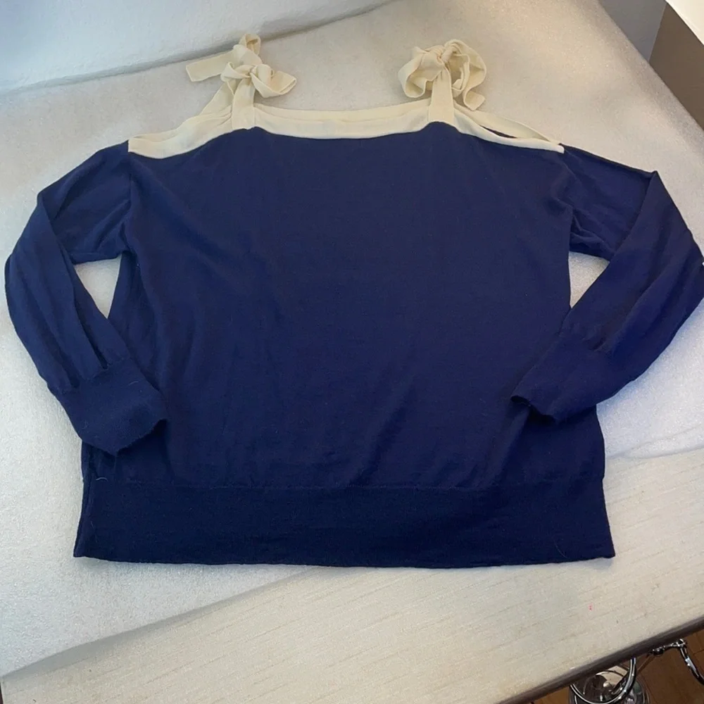 J crew blue merino wool tie cold shoulder sweater large